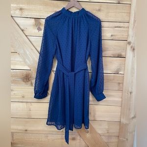 Hidden Brand Navy Blue Long Sleeve Midi Dress with Raised Dots Material